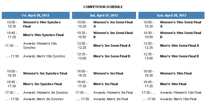 Diving World Series Moscow 2013 schedule
